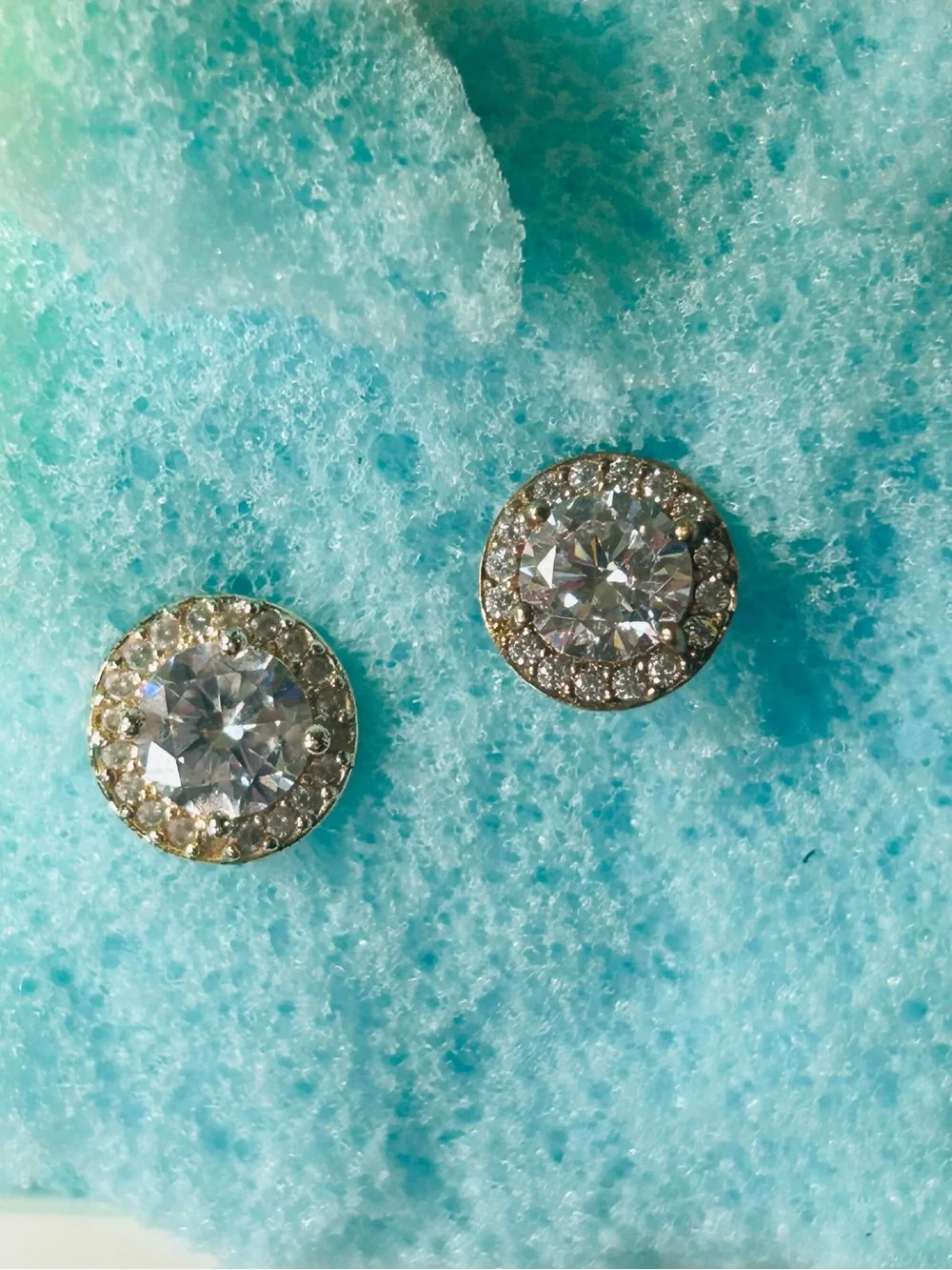 Round Gold Crystal Halo Stud Earrings in Clear